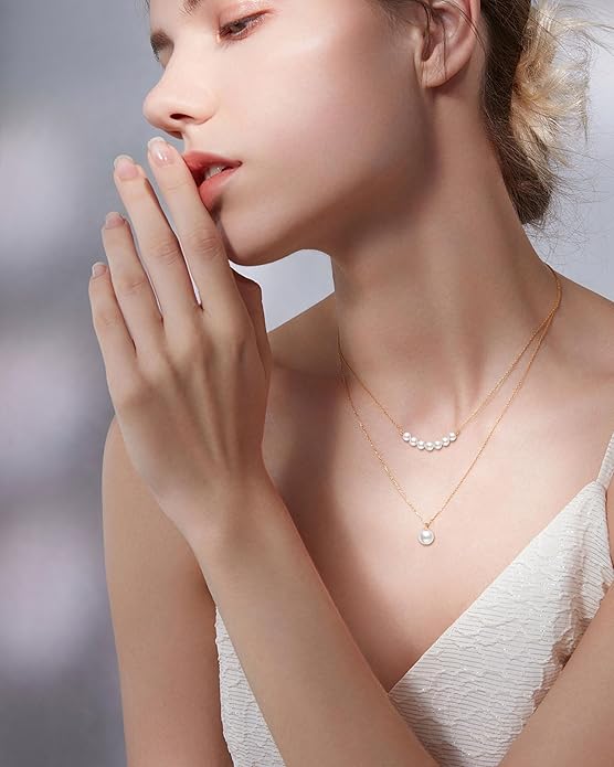 Pearl Necklace for Women with 14K Gold Plated S925 Silver & Butterfly Pendant Necklace, 17.7"+2" Chain Length, Gift for Birthday, Mothers Day, Christmas, Anniversary, Graduation