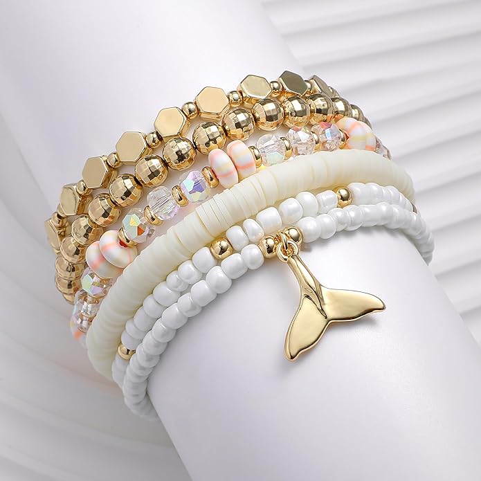 Shell Bracelet Seashell Boho Beaded Stretch Bracelets for Women Summer Beach Bracelets Starfish Charm Bracelet Stackable Gold Plated Bracelets Set for Women