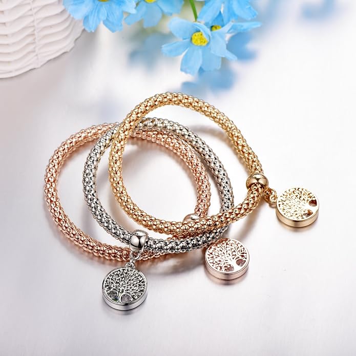 Crystal Charms Multilayer Bracelets - 3PCS Gold/Silver/Rose Gold Corn Chain Bracelet for Women, Tree of Life Heart Shaped Stretch Bracelet