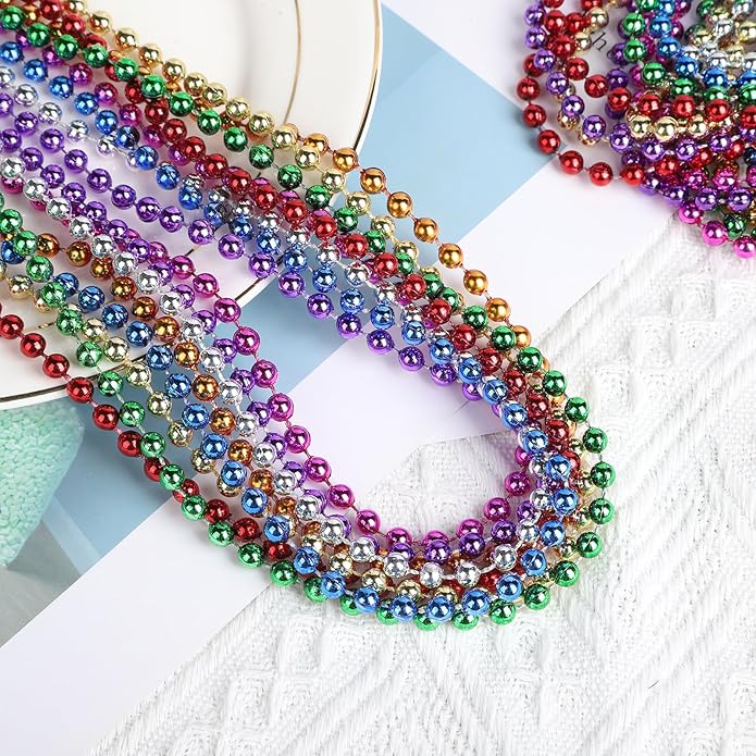 Mardi Gras Beads Necklaces, 33 Inch Plastic Beads for Party Favors, Festival Decorations, Parade Throws, Christmas, St. Patrick's Day Celebrations