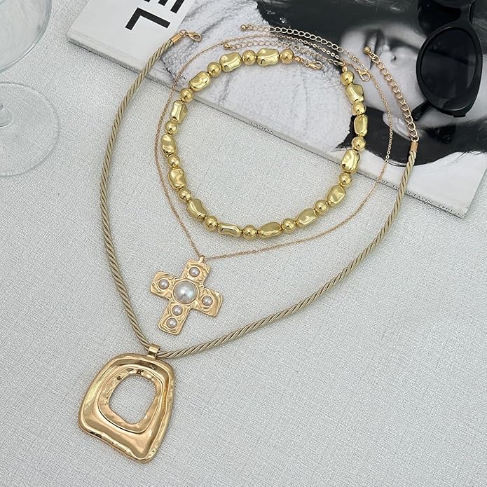PLOUTOS Statement Modern Geometric Hollow Square Pendant Rope Chain Necklace for Women Bold Fashion Layering Collarbone Jewelry Party Wear Accessory