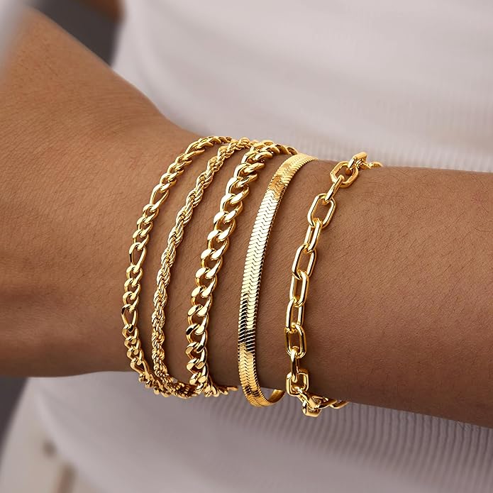 Gold Bracelets Set for Women Stack, Dainty Thick Bracelets Stack for Women Trendy, Simple Thin Gold Plated Cuff Stackable Bracelets With Beaded Cuban Paperclip Snake Rope Bangle Hand Chain Jewelry Gifts for Women Non Tainish