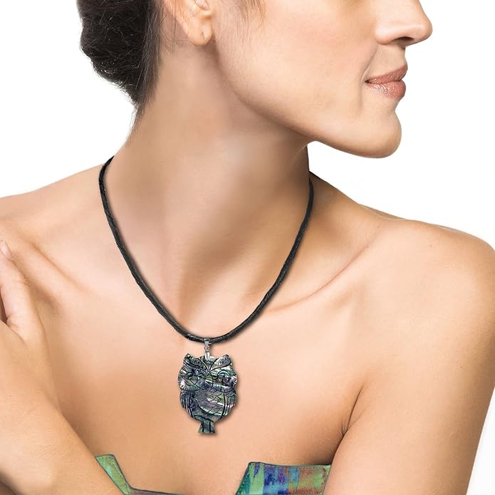 AeraVida Spirit of Wisdom Handcarved Abalone Seashell Owl Pendant with .925 Sterling Silver Bail | Trendy Nature-Inspired Owl Necklace on Woven Silk | Unique Animal Jewelry