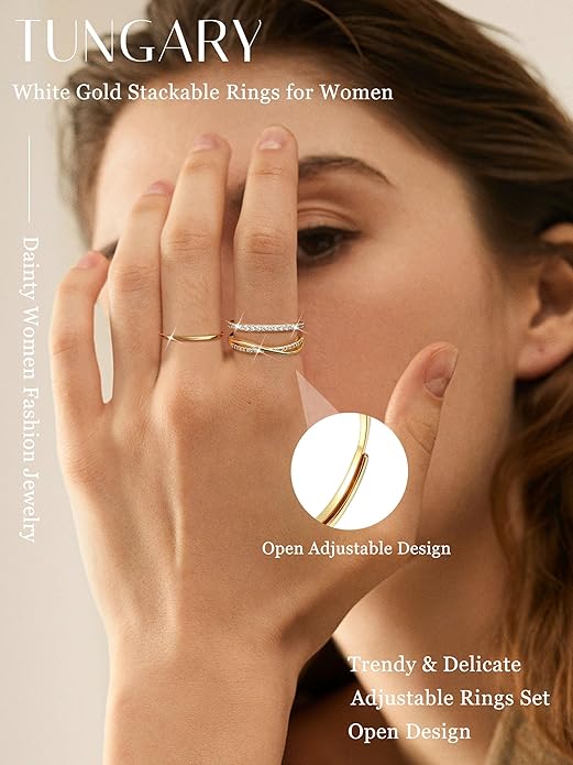 Tungary Gold Stackable Rings for Women Non Tarnish Open Adjustable Thin Thumb Silver Rings 14K Gold Plated Stacking Cubic Zirconia Knuckle Pinky Ring Set Dainty Statement Promise Wedding Band Ring