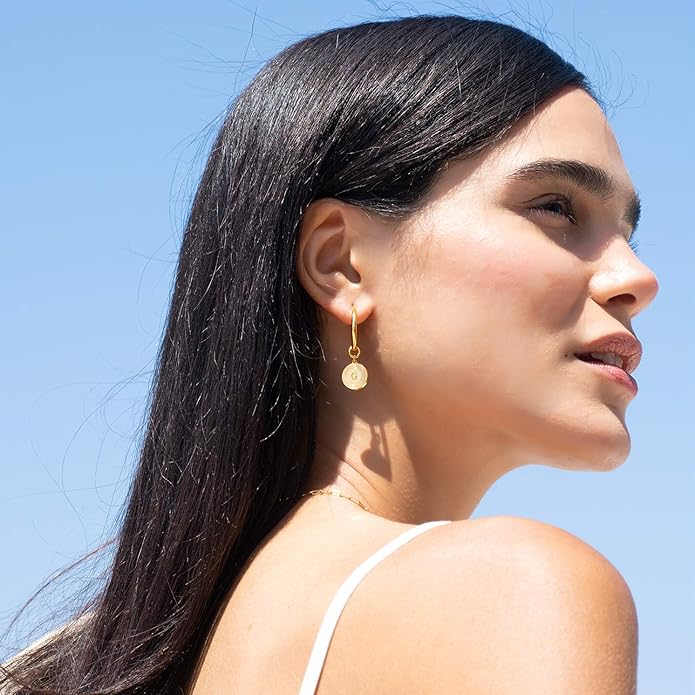 MyNameNecklace Personalized Odeion Initial Round Disc Shape Charm Hoop Earrings in Sterling Silver 925/ Gold Plating- Classic Delicate Jewelry Gift