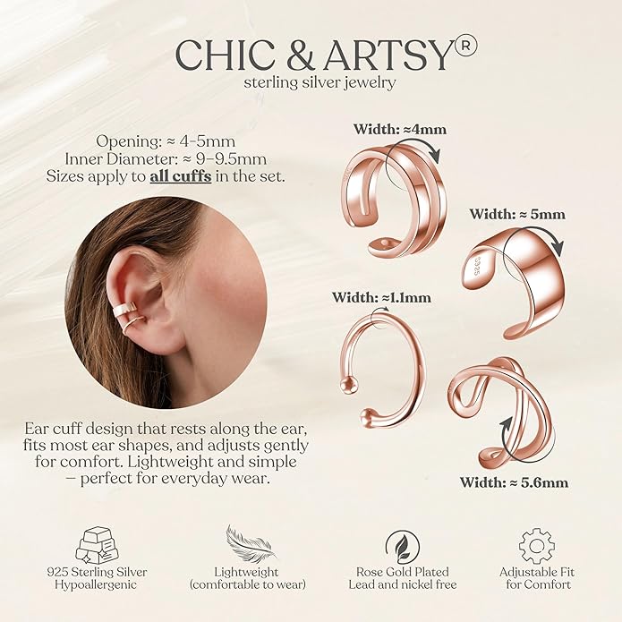 CHIC & ARTSY 925 Sterling Silver Ear Cuffs for Women, Non Piercing Clip On Cartilage Cuffs, Adjustable Fake Conch & Helix Earrings, Gold Plated & Oxidized Various Styles