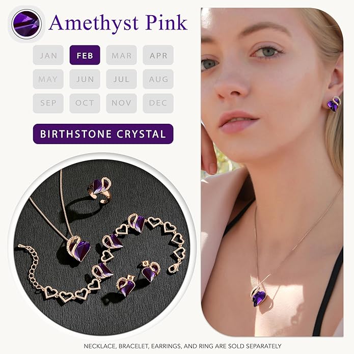 Leafael Rose Gold Plated Necklace for Women: Heart Shaped Birthstone/Healing Crystals Center, Dazzling Cubic Zirconia, Hypoallergenic Chain (18"+2"), Jewelry Gifts for Anniversaries and Birthdays