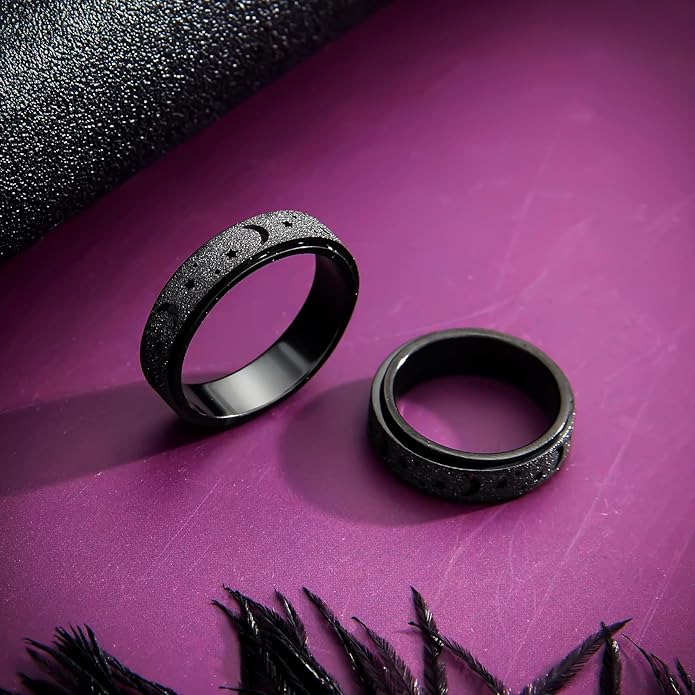 AmorArtSky Anxiety Ring for Women Men, Titanium Stainless Steel Spinner Ring, 5 Colors, 6MM, Size 6-10, 3 Styles Anxiety Ring-Moon Star, Sandblasted Finished, Hollow Outer