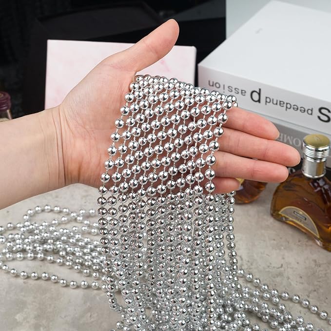 ZYFLSQ 100 Pcs 33" 7mm Metallic Silver Beads Necklaces, Bulk Mardi Gras Beaded Necklaces, Party Beads Costume Necklaces (Silver)