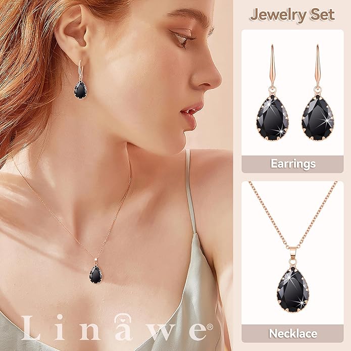 Linawe Crystal Jewelry Sets for Women, Imitation Diamond Pendant Necklace, Rhinestone Drop Dangle Earrings, Birthstone Cubic Zirconia Matching Wedding Jewelry, 14K Gold/Rose Gold/Silver Tones