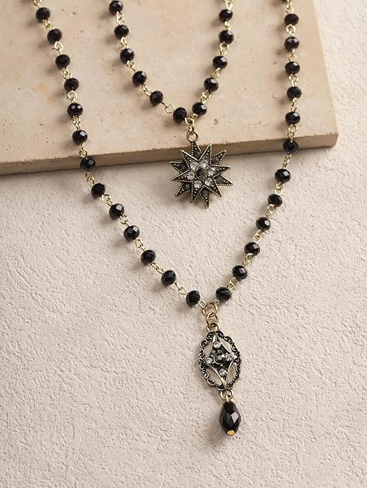Sacina Layered Black Beaded Star Choker Necklace, Gothic Emo Punk Grunge Necklace, Gothic Jewelry, Halloween Christmas Jewelry Gift for Women