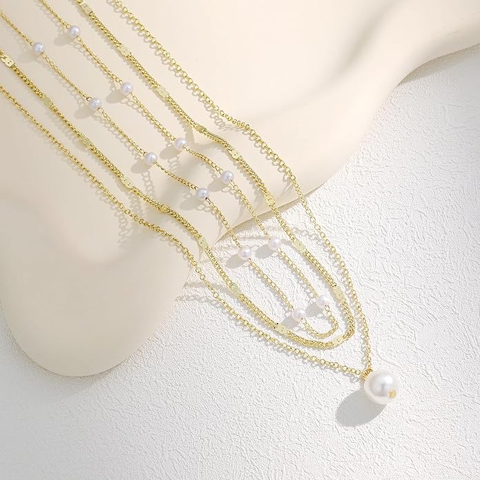 Evabelle Gold Layered Necklace for Women Trendy Jewelry 14K Real Gold Plated Chunky Chain Stackable Necklaces Dainty Choker Necklaces Rectangle Square Pendant