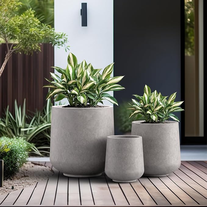 Kante Set of 3 CON Gray Concrete Curved Planters 16.5" 13" 9.4" Dia | Drainage - Image 4