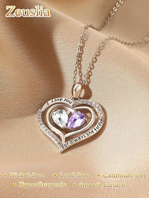 Valentine's Day Gifts for Wife 925 Sterling Silver Double Birthstone Pendant Necklaces I Love You for Always and Forever Necklace Anniversary Birthday Gifts for Wife Girlfriend Mom Her