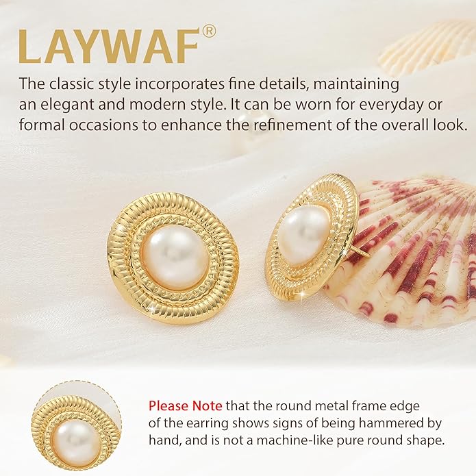 Faux Pearl Gold Plated Stud Earrings for Women, Hypoallergenic Stainless Steel Ear Pin, Available in a Variety of Pearl Colors