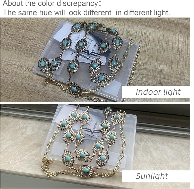 FIORETTO Metal Waist Chain Link Belt for Women Western Cowgirl Boho Turquoise Belts for Dress Jeans Country Concert Outfit