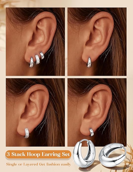 MILACOLATO 3 Pairs Small 14K Gold Plated Hoop Earrings for Women Trendy Hypoallergenic Silver Earring Stacks Huggie Hoops Earring Sets for Multiple Piercing Chunky Double Hoop Jewelry Lightweight