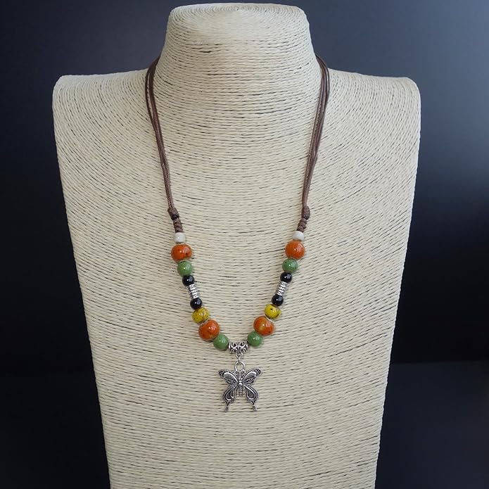 Boho Style Colorful Ceramic Bead Strand Necklace Adjustable Bohemian Jewelry Gift for Women, Fashion Clothing Matching Necklace
