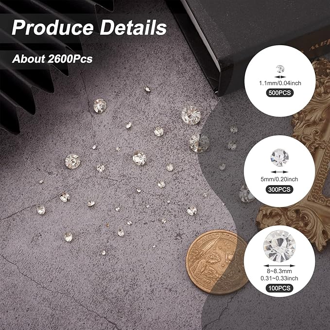 Fashewelry 2600pcs 7 Size Glass Pointed Back Rhinestone with Golden Back 1mm/2mm/3mm/4mm/5mm/6mm/8mm Crystal Faceted Diamond Loose Stone Clear Round Rhinestone Cabochons for Nail Art Replacing Jewelry