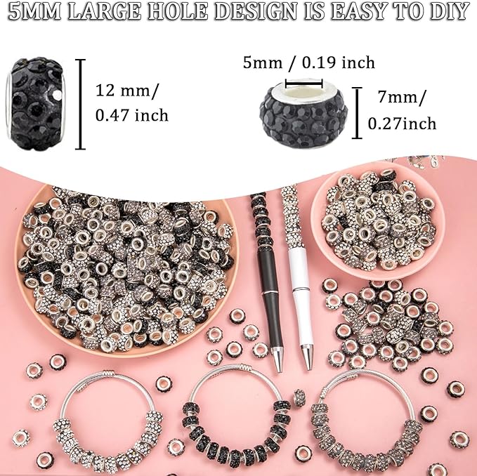 200 Pieces European Large Hole Spacer Beads, Zyehxed Black European Craft Beads Rhinestone Lampwork Beads Garden Beads for DIY Charms Bracelet Necklace Earring Jewelry Making Supplies