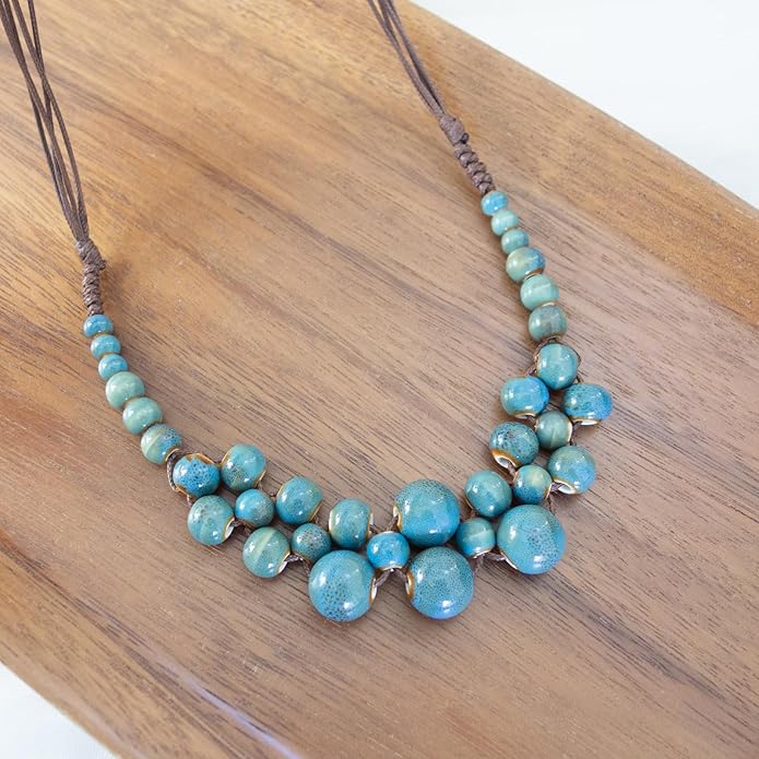 Boho Round Colorful Ceramic Beaded Necklace, Adjustable Hippie Statement Necklace, Handmade Ethnic Jewelry Gift for Women