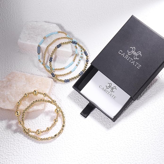 Gold Bracelets for Women Waterproof, 14K Gold Plated Beaded Cross Bracelets Set,Boho Stretch Bracelets Stackable Jewelry for Women Teenage Girls Jewelry Christmas Gifts