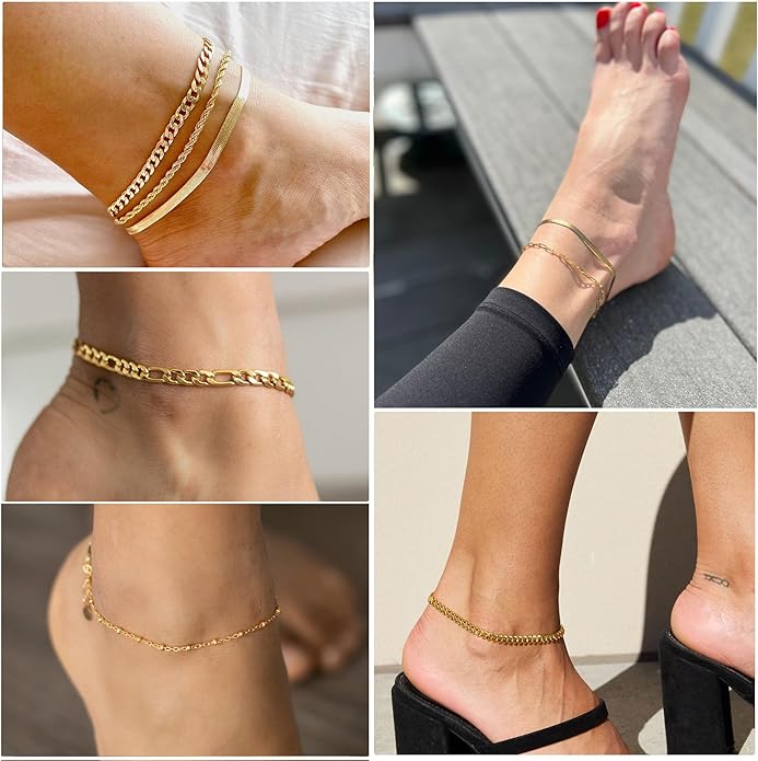 DEARMAY Dainty 14K Gold Plated Ankle Bracelets for Women, Waterproof 14K Gold Plated Link Chain Anklets Non Tarnish Set Pack Summer Beach Jewelry Gift