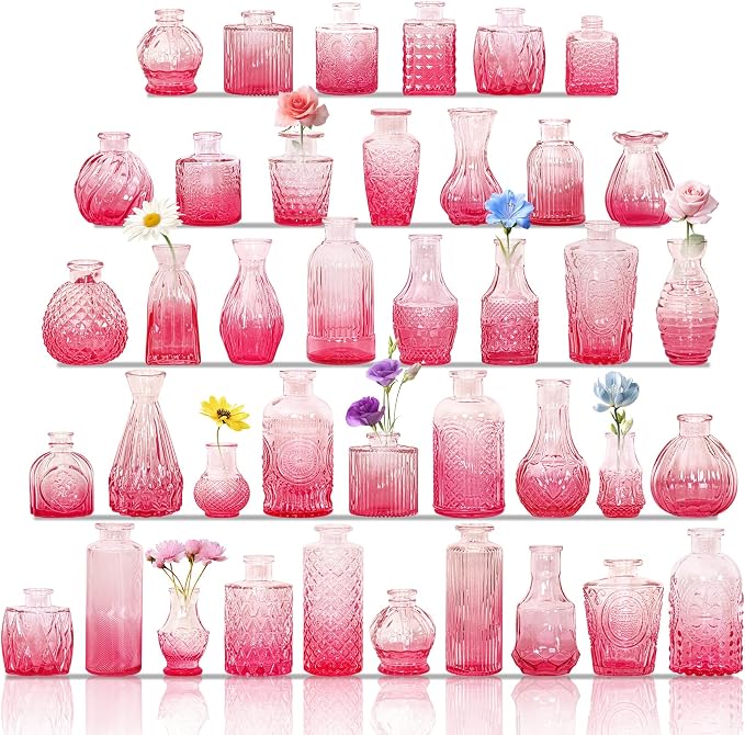 Set of 40 Glass Bud Vases, Small Pink Glass Vases in Bulk, Mini Vintage by Fivenl