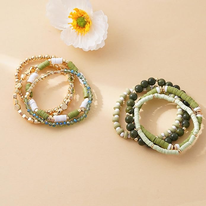 GOOJIDS Surfer Heishi Clay Bead Bracelets for Women Bohemian Stackable Gold Plated Beaded Stretch Bracelets Elastic Layering Friendship Bracelets Set Boho Jewelry
