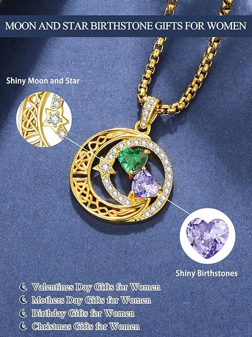 14K Gold Moon and Star Necklace Gifts for Women - Double Heart Birthstone Necklace, Valentines Wedding Anniversary Birthday Gifts for Her Wife Mom Daughter Grandma Sister