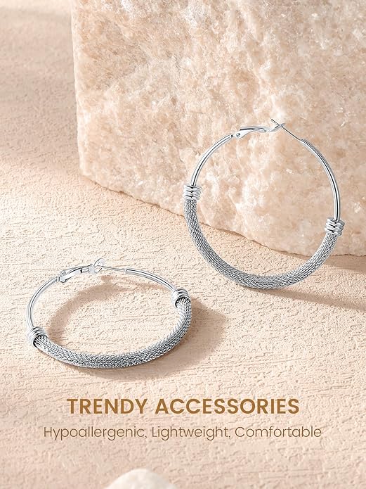 KeyStyle Mesh Hoop Earrings for Women, Stainless Steel Gold Hoops Earring Lightweight Loops, 2MM Thick Hypoallergenic Circle Endless Hollow Hoop 20mm-80mm