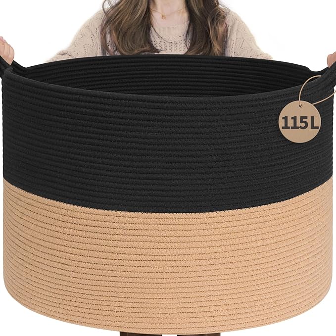 INDRESSME 115L Extra Large Woven Rope Blanket Basket Living Room BlackCamel | by INDRESSME