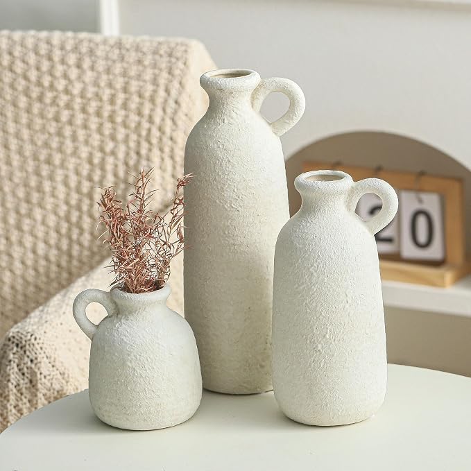 Ceramic Vase Set of 3 with Handle, Neutral Rustic Vases Home Decor Farmhouse - Image 4