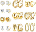 FIBO STEEL 10 Pairs Clip On Earrings for Women Non Pierced Ears CZ Pearl Knot Twist Chunky Hoop and Studs Earring Set Ear Clips Jewelry 14K Gold Plated