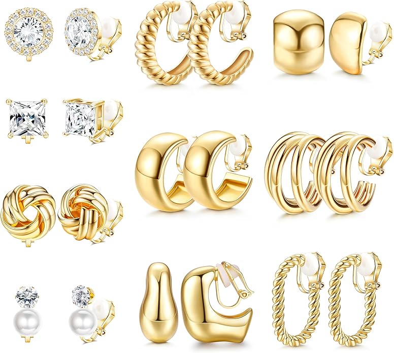 FIBO STEEL 10 Pairs Clip On Earrings for Women Non Pierced Ears CZ Pearl Knot Twist Chunky Hoop and Studs Earring Set Ear Clips Jewelry 14K Gold Plated