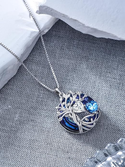 TOUPOP s925 Sterling Silver Family Celtic Tree of Life Pendant Necklaces with 2 Heart Birthstone with Blue Austrian Crystal Jewelry Birthday Valentines Day Gifts for Her, Anniversary Christmas Gifts for Wife Girlfriend Mom (18K Real White Gold Filled)
