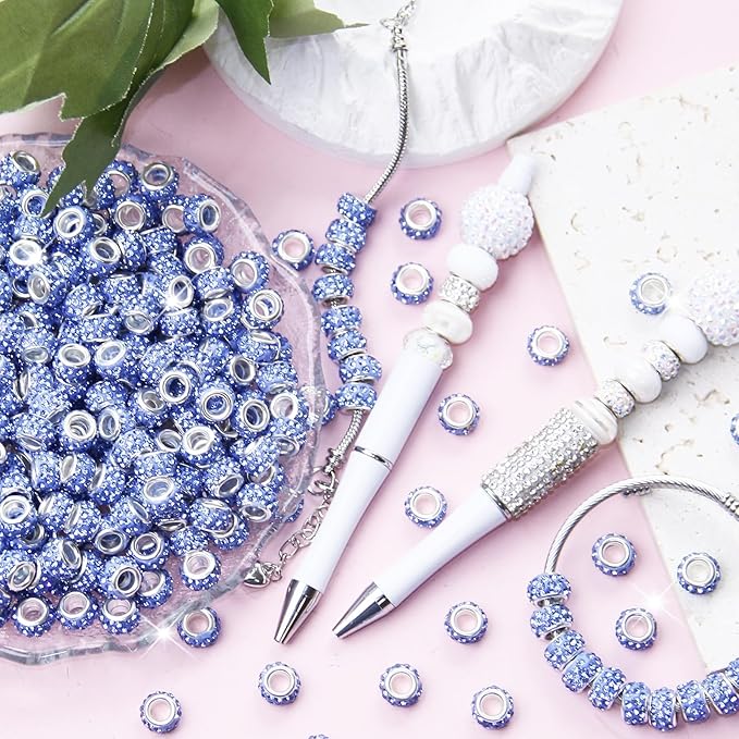 60Pcs Rhinestone Large Hole Beads Spacer Beads Light Blue European Craft Big Beads Large Hole Rhinestones Lampwork Murano Bead Fairy Wand Garden Beads for DIY Bracelet Necklace Jewelry Making Supplies