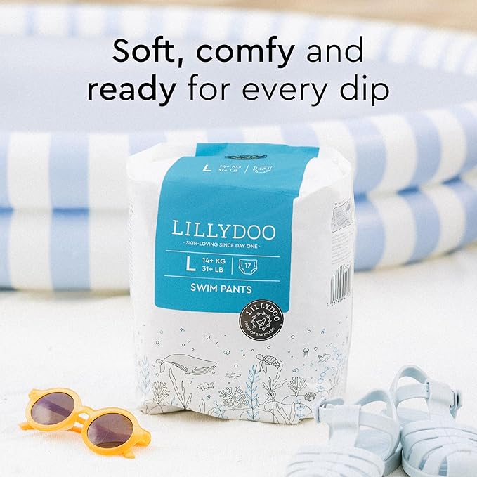 LILLYDOO Baby Swim Diapers - Size Large (31+ lbs), Half-Monthly Supply (34 Count), Blue Whales Design, Skin-Friendly, Perfume- & Chlorine-Free, Hypoallergenic, Dermatologist Tested, Oeko-TEX®