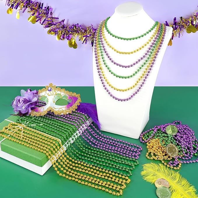 ZYFLSQ 100PCS Mardi Gras Beads, 33" 7mm Mardi Gras Beads Bulk, Metallic Mardi Gras Beads Necklaces, Mardi Gras Parade Throws Costume Accessories, Carnival Party Favors Decorations (Purple Green Gold)