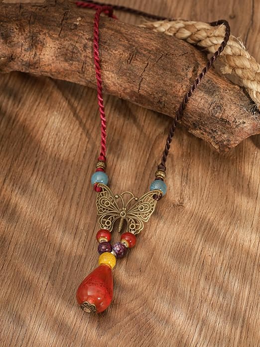MINACHI Hippie Boho Colorful Ceramic Bead Butterfly Charm Pendant Y Necklace, Vintage Bohemian Statement Jewelry Gift for Women