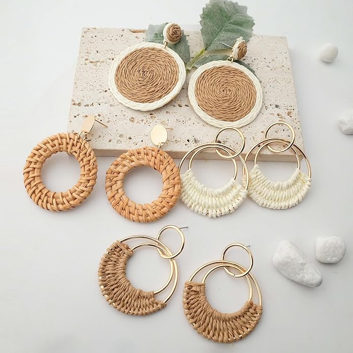 Raffia Hoop Earrings for Women Fun Boho Summer Beach Earrings Lightweight Handmade Straw Wicker Rattan Dangle Earrings Statement Geometric Round Drop Earrings