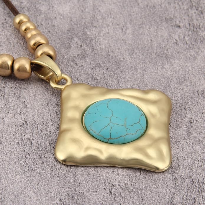 Boho Leather Necklace Women Bohemian Brown Circle Pendant Necklace Choker Long Necklaces for Women Boho Ring Large Pendant