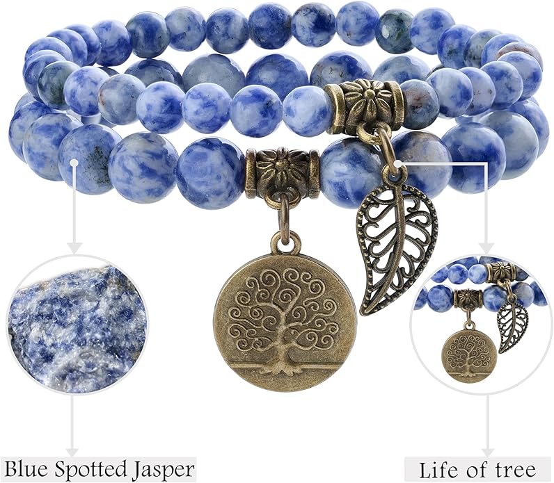 Bivei Natural Semi Precious Gemstone beads bracelet for women - Life Tree and Leaf Charm Energy Reiki Crystal Stretch Bracelets