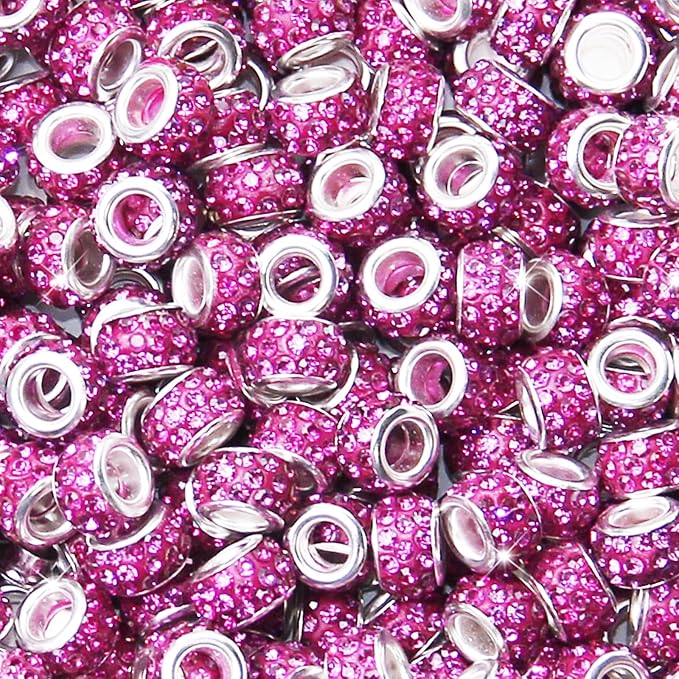 100Pcs Rhinestone Large Hole Beads Spacer Beads Rose Red European Craft Big Beads Large Hole Rhinestones Lampwork Murano Bead Fairy Wand Garden Beads for DIY Bracelet Necklace Jewelry Making Supplies