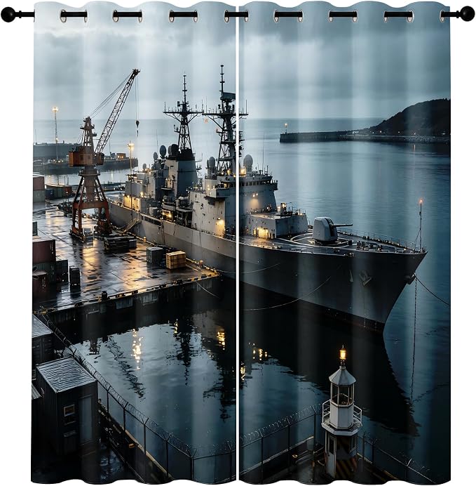 Navy Warship Blackout Curtains 52 x 84 Inch Length Set of 2 | Seaport Dock - Image 7