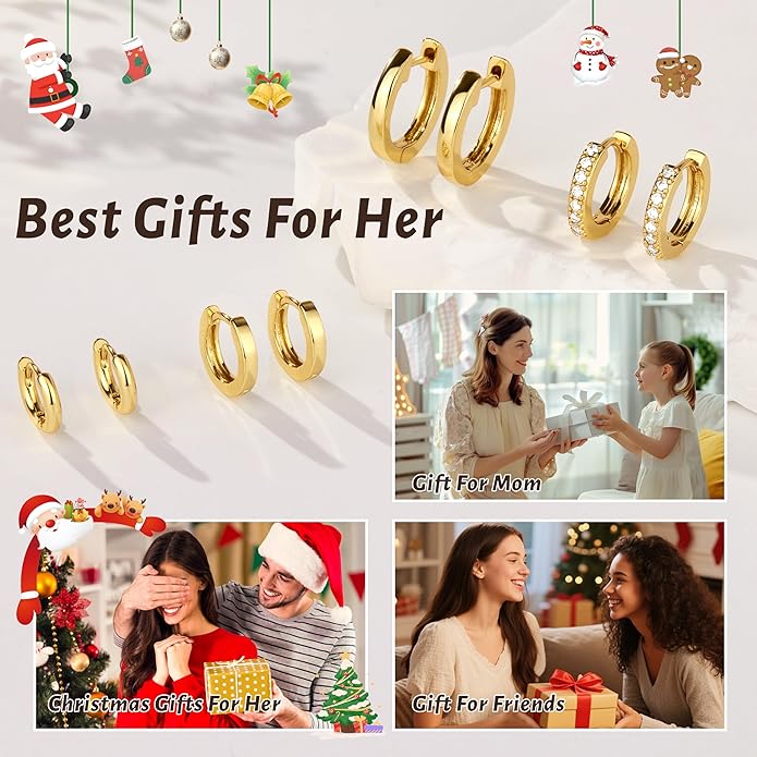 Small Gold Huggie Hoop Earrings Set for Women Men Hypoallergenic 14K Plated Stack Cartilage Earrings, Multiple Piercing Lightweight Mini Thin Cute Dainty Trendy Jewelry Set Christmas Gifts for Women