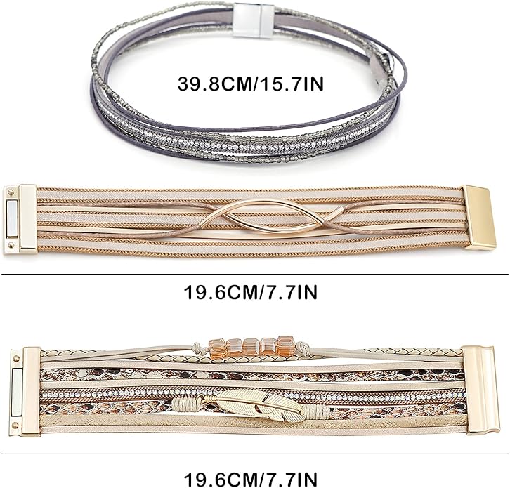 Wowanoo 3Pack Leather Cuff Bracelet Set Multilayer Wrap Bracelet Crystal Feather Tree Bracelet Magnetic Clasp Bracelet for Women