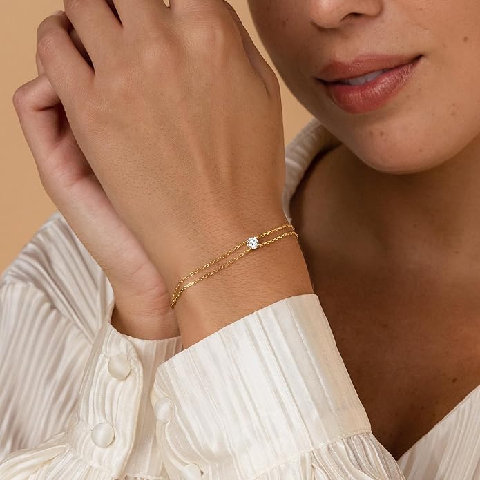 SLOONG Valentines Day Gifts for Her Gold Pearl Bracelets, 18K Real Gold Plated Dainty Stackable Snake Chain CZ Heart Pendant Bracelets, Layered Waterproof Jewelry Gift for Women Adjustable 6"+2"