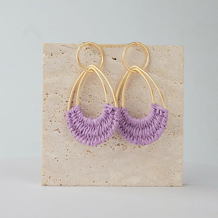 Raffia Hoop Earrings for Women Fun Boho Summer Beach Earrings Lightweight Handmade Straw Wicker Rattan Dangle Earrings Statement Geometric Round Drop Earrings