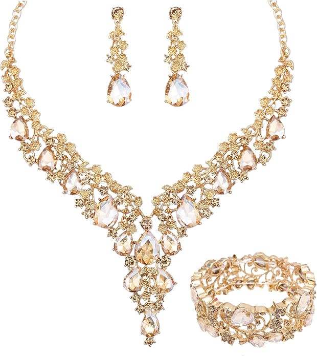 CSY Elegant Crystal Costume Jewelry Sets Flower Bridal Necklace Earrings Stretch Bangle Set for Bride Bridesmaid Wedding Dress Accessories